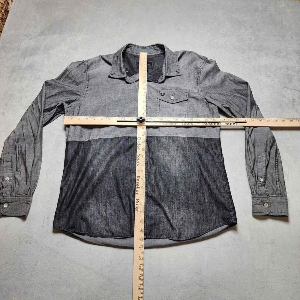 True Religion Western Shirt Mens M Gray Black Slim Fit Color Block Button‎ Up